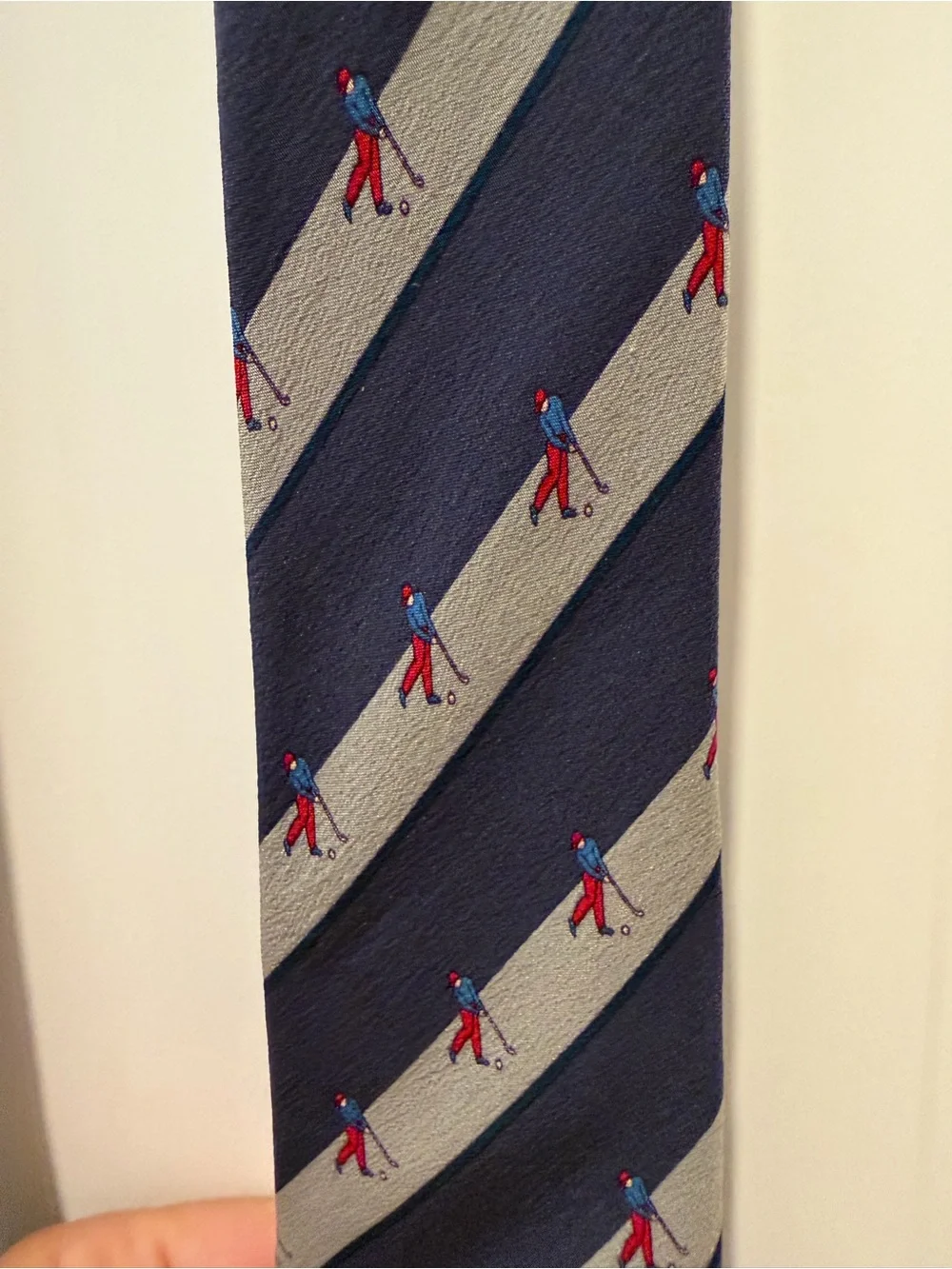 Vintage Gucci Navy Gray Striped Silk Tie featuring novelty Golf Motifs Necktie